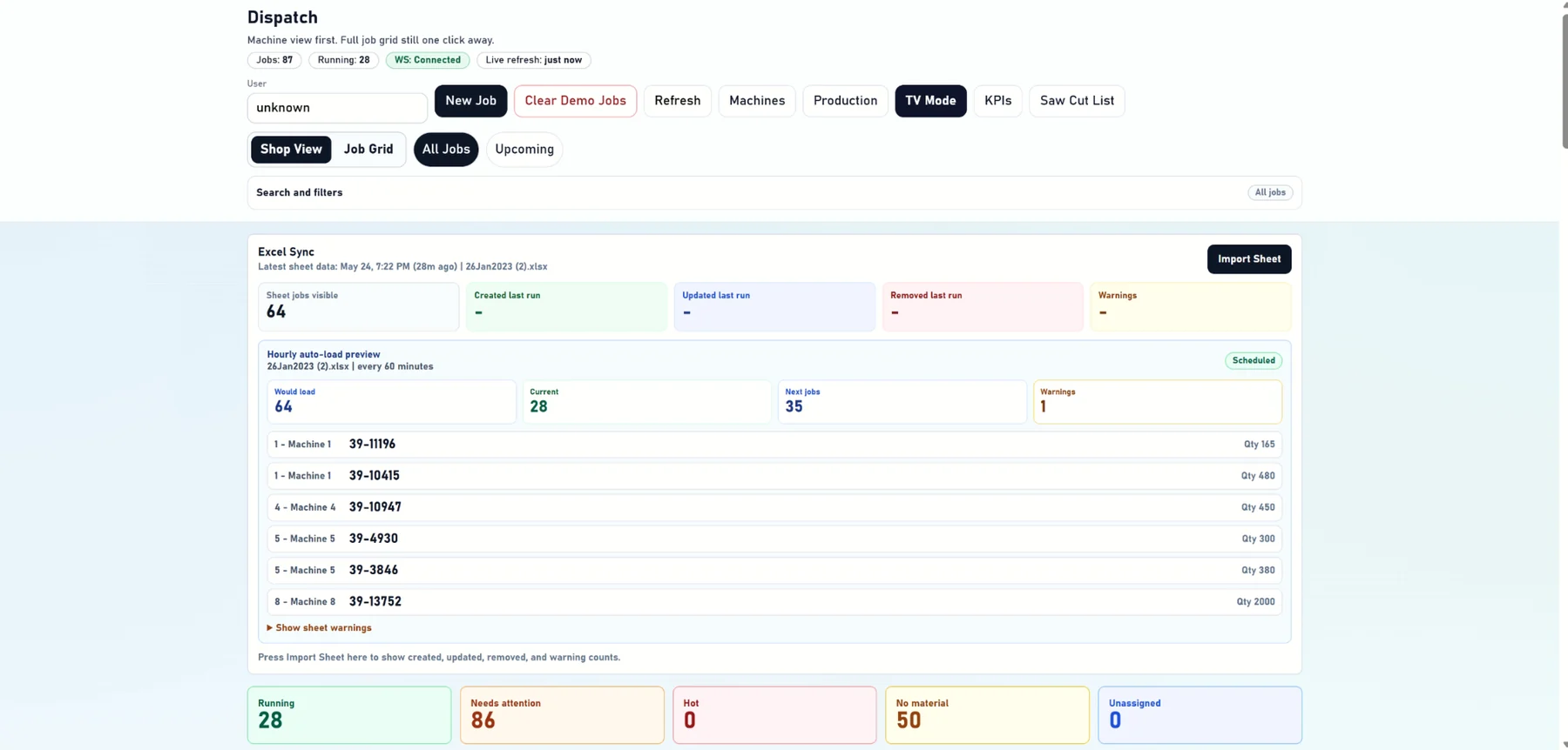Dispatch shop view: job load, running work, warnings, and sheet sync status