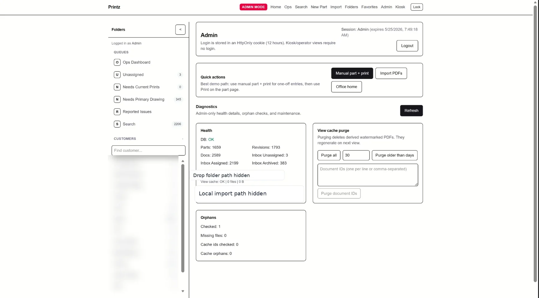 PDF print queue admin dashboard: print queues, document folders, imports, diagnostics, and cached PDFs