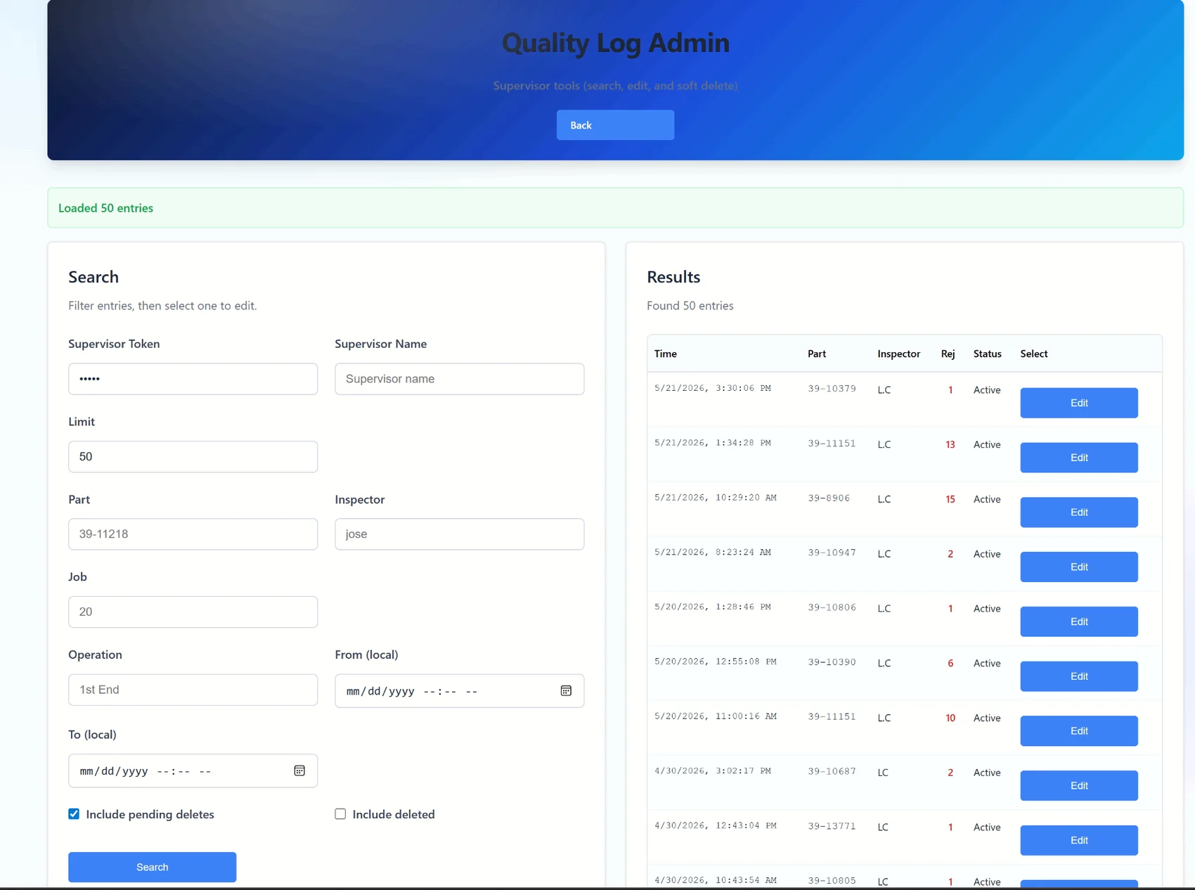 Quality log admin search: search and edit quality records with supervisor controls