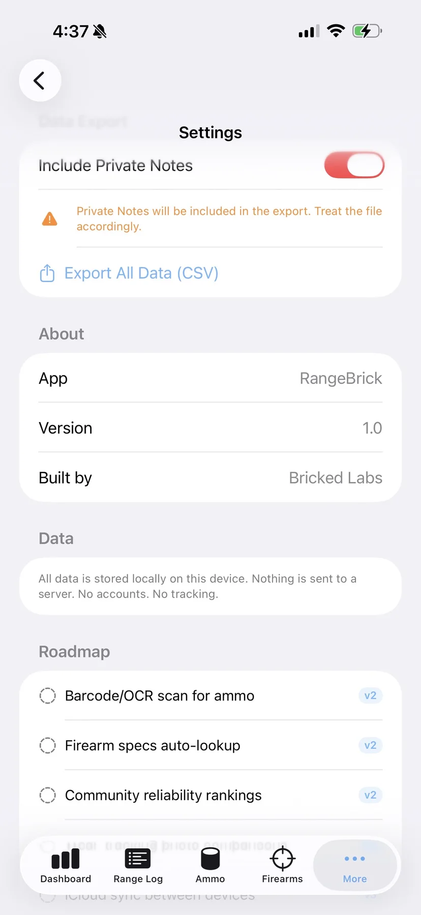 RangeBrick local-first settings screen