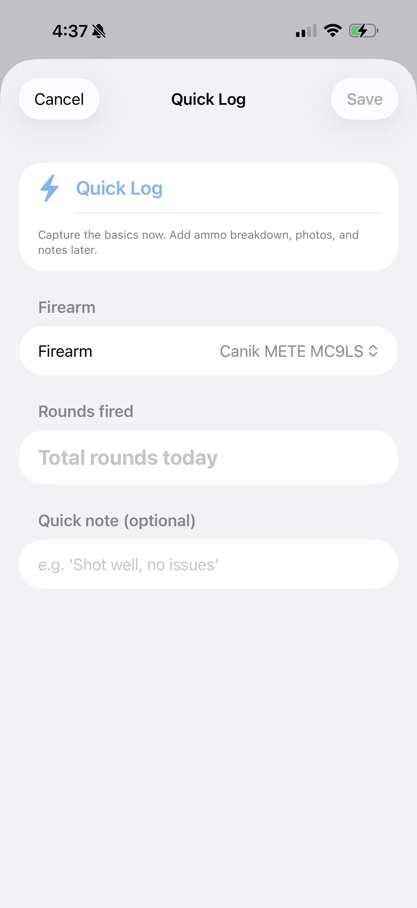 RangeBrick quick log screen